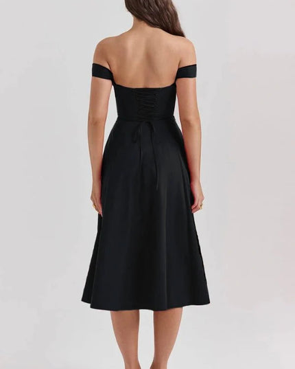 Back view of black off shoulder midi dress with lace-up waist and midi skirt