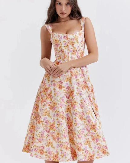 Floral off shoulder midi dress in pink and yellow with square neckline and full skirt