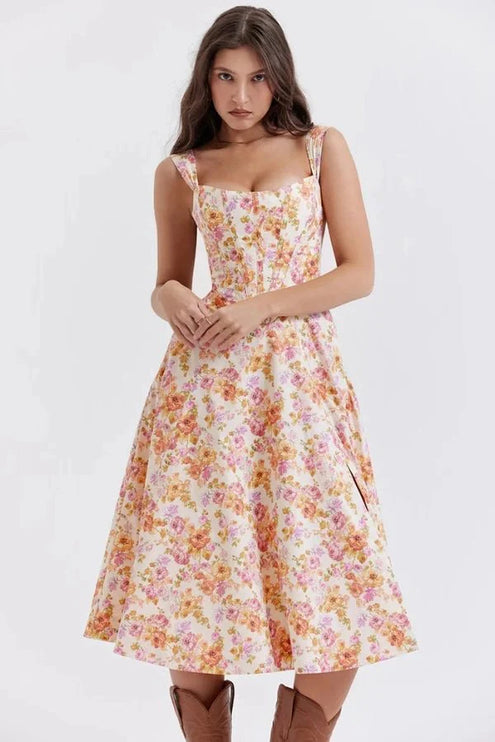 Floral off shoulder midi dress in pink and yellow with square neckline and full skirt