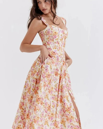 Close side view of floral off shoulder midi dress showing corset seams and slit detail