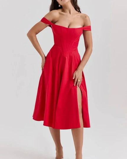 Red off shoulder midi dress with corset-style waist, V seam detail, and front slit