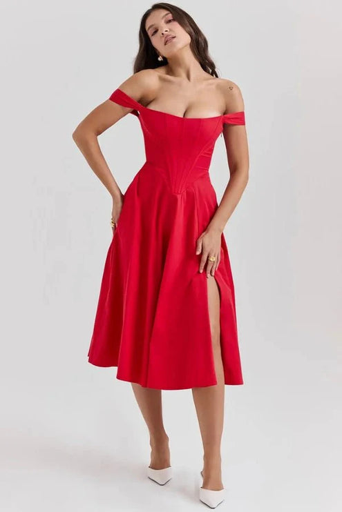 Red off shoulder midi dress with corset-style waist, V seam detail, and front slit
