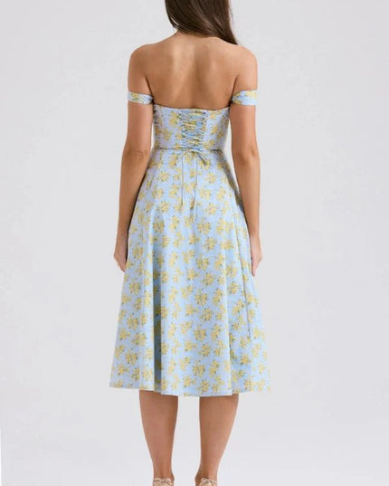 Back view of light blue off shoulder midi dress with yellow floral print and ruched bodice