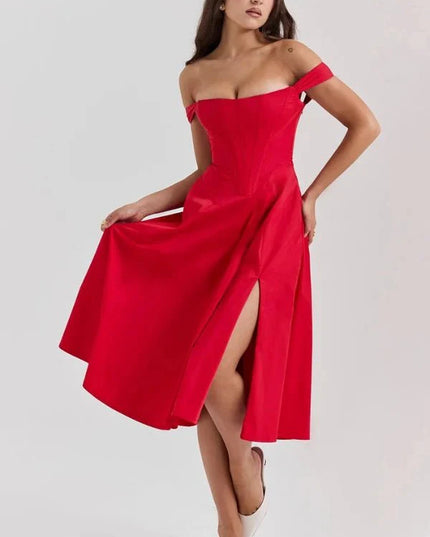 Red off shoulder midi dress shown in side view with flowing skirt and high front slit