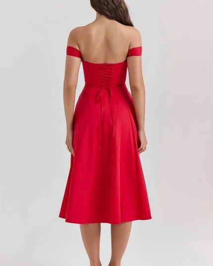 Back view of red off shoulder midi dress with lace-up corset back and midi length skirt