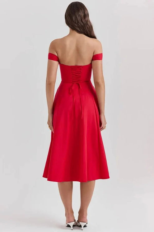 Back view of red off shoulder midi dress with lace-up corset back and midi length skirt