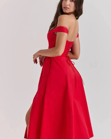 Side back view of red off shoulder midi dress with open shoulders and flared formal skirt