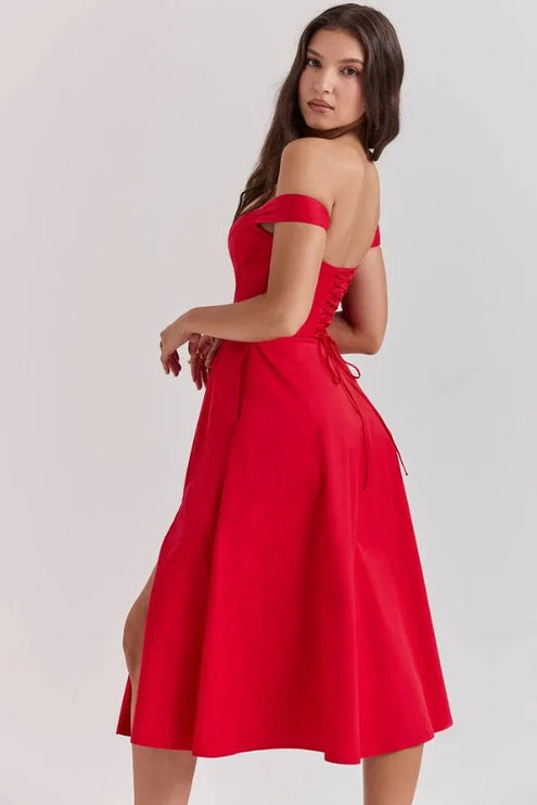 Side back view of red off shoulder midi dress with open shoulders and flared formal skirt