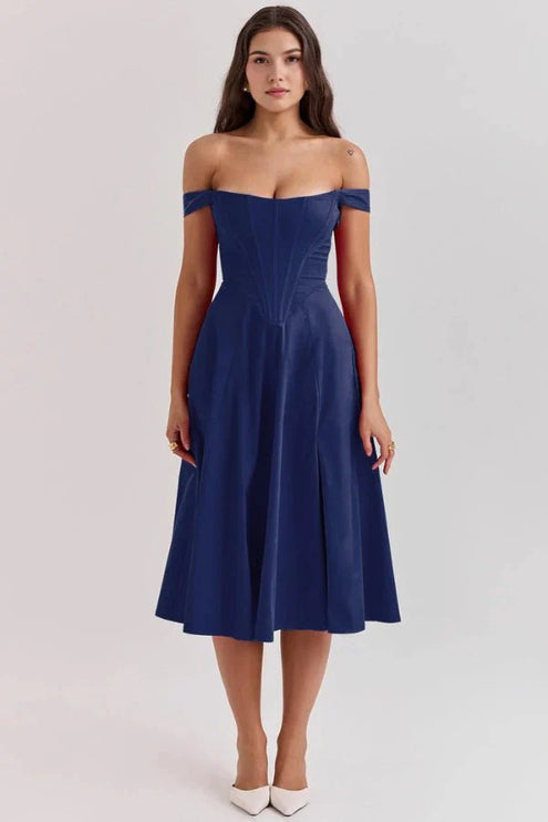 Navy blue off shoulder midi dress with fitted corset bodice and elegant flared skirt