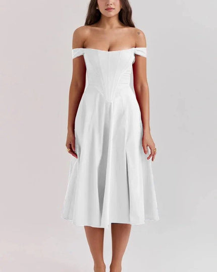 White off shoulder midi dress with structured bodice, soft pleats, and formal silhouette