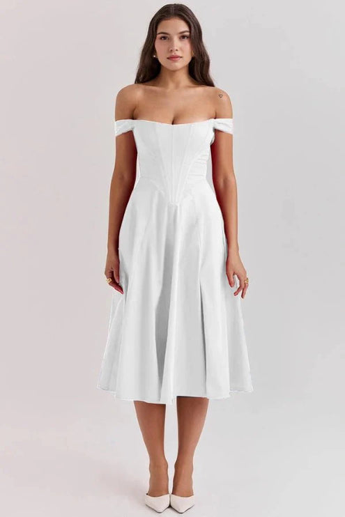 White off shoulder midi dress with structured bodice, soft pleats, and formal silhouette