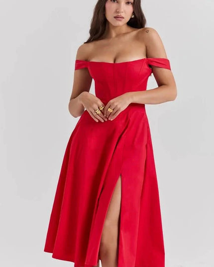 Red off shoulder midi dress with fitted bodice, front slit, and flared formal skirt