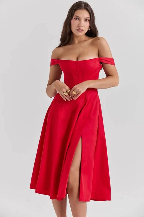 Red off shoulder midi dress with fitted bodice, front slit, and flared formal skirt