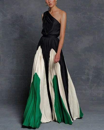 One-shoulder black maxi dress with pleated green and cream color block skirt