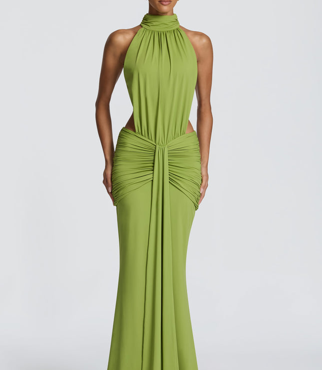 Front view of green ruched halter maxi dress with high neckline and side cutouts