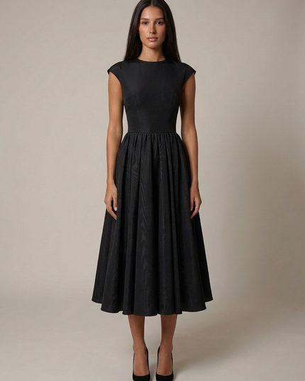 Profile view of cream sleeveless midi dress with structured bodice and midi length skirt