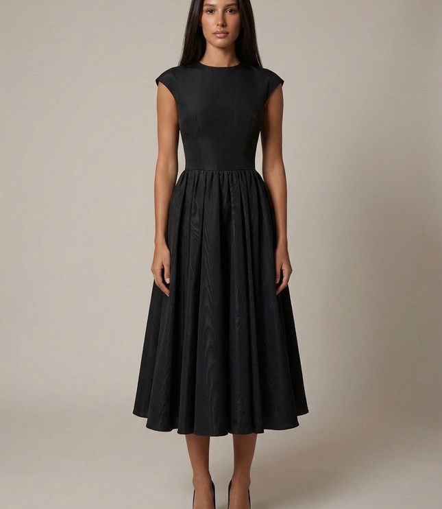 Profile view of cream sleeveless midi dress with structured bodice and midi length skirt