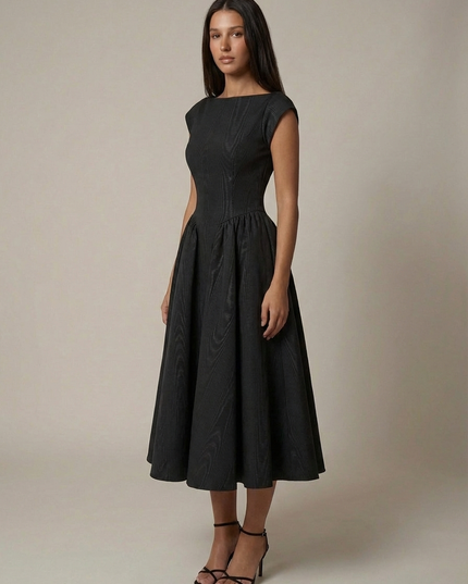 Black sleeveless midi dress with fitted waist and full skirt, elegant women’s formal dress