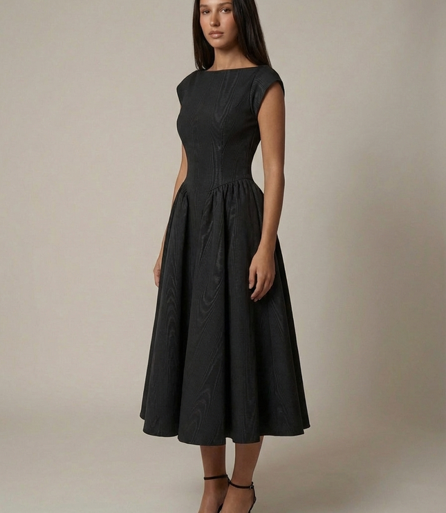 Black sleeveless midi dress with fitted waist and full skirt, elegant women’s formal dress
