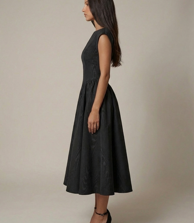 Back view of black sleeveless midi dress with open back and gathered midi skirt