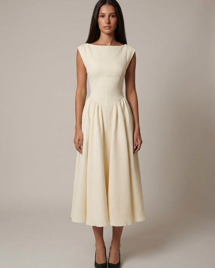 Cream sleeveless midi dress with fitted bodice and full skirt, formal women’s dress