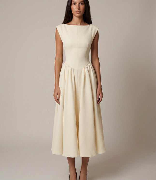 Cream sleeveless midi dress with fitted bodice and full skirt, formal women’s dress