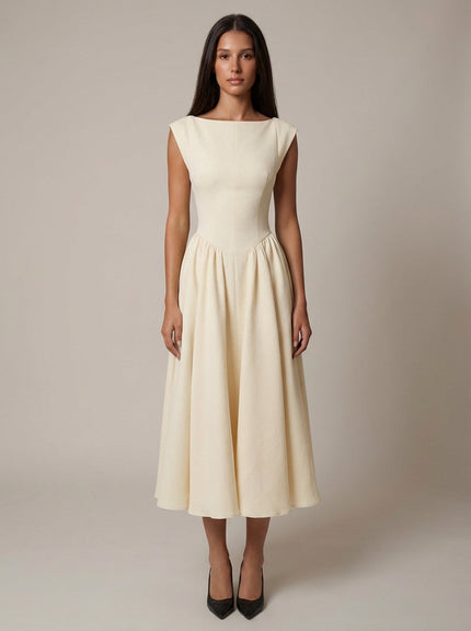Cream sleeveless midi dress with fitted bodice and full skirt, formal women’s dress