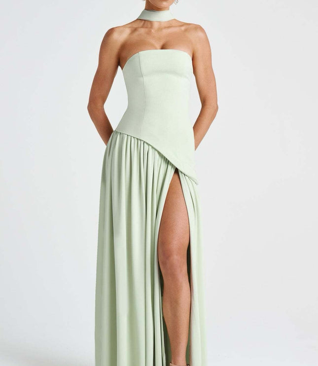 Sage green strapless corset maxi dress with choker neckline and high slit
