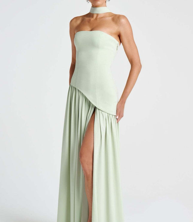 Sage green strapless corset maxi dress with choker detail and pleated skirt