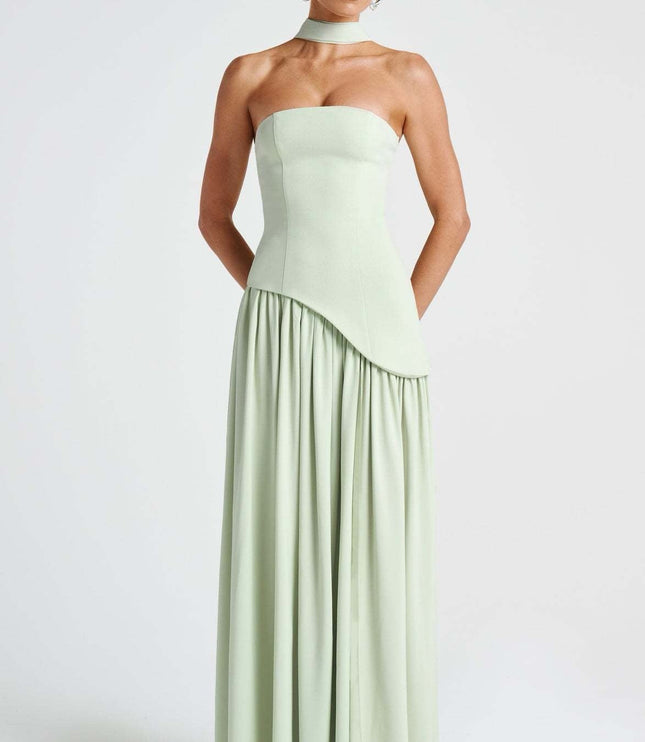 Sage green strapless formal maxi dress with asymmetrical draping and high slit