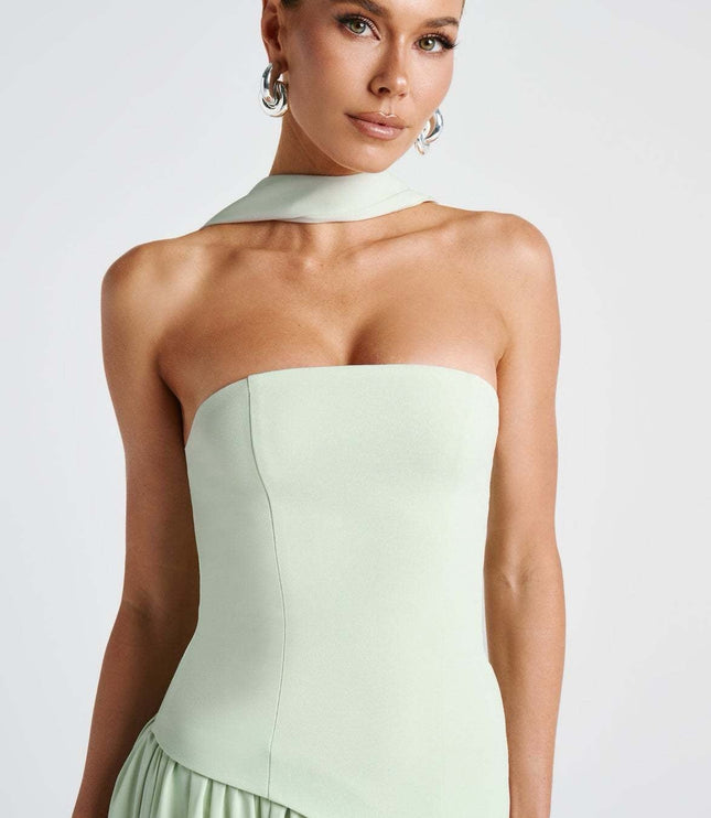 Mint green strapless corset maxi dress with draped shoulder detail