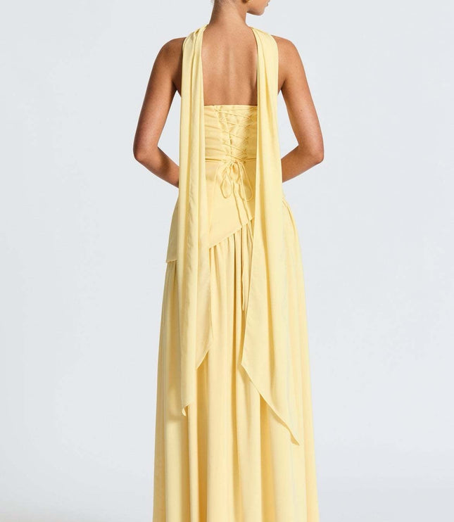 Black strapless formal maxi dress with high slit and shoulder tie