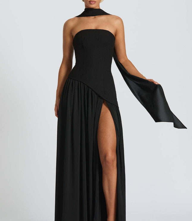 Navy blue strapless corset maxi dress with draped leg slit