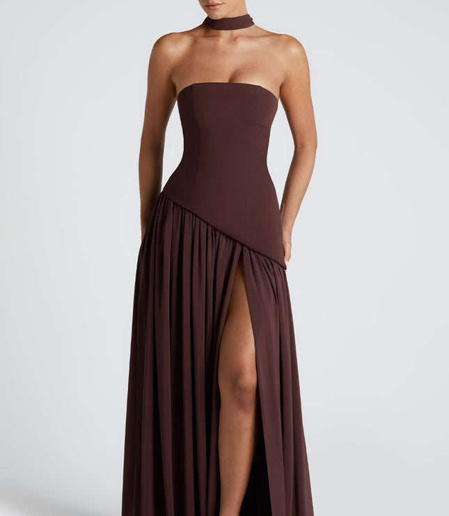 Front view of brown strapless formal maxi dress with choker neckline