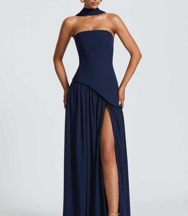 Navy formal strapless dress with fitted bodice and flowing skirt