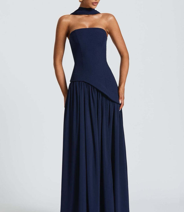Navy strapless corset maxi dress with pleated skirt and halter collar detail