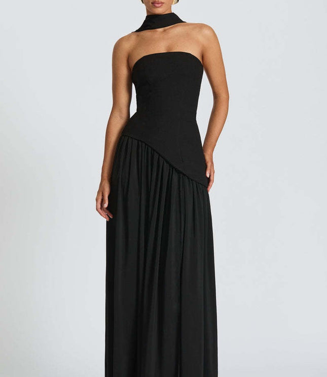 Black strapless formal maxi dress with asymmetrical pleated skirt