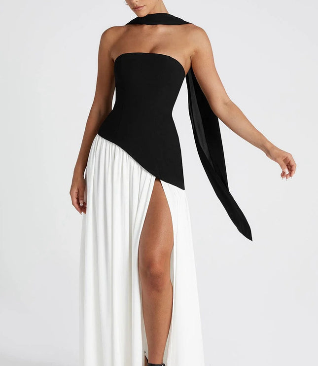 Black and cream strapless maxi dress with asymmetrical color-block design