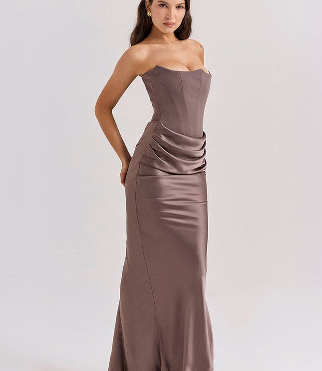 Women's Formal Strapless Satin Ruched Maxi Dress - product image 8