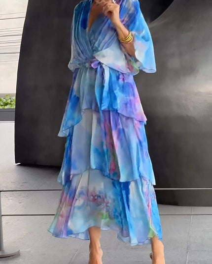 Watercolor floral midi dress with layered ruffle skirt in blue and pink tones