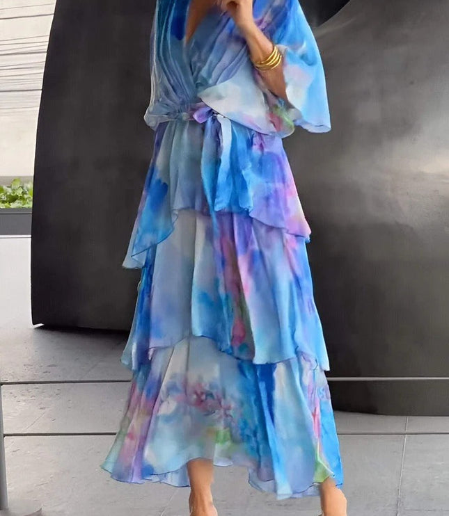 Watercolor floral midi dress with layered ruffle skirt in blue and pink tones