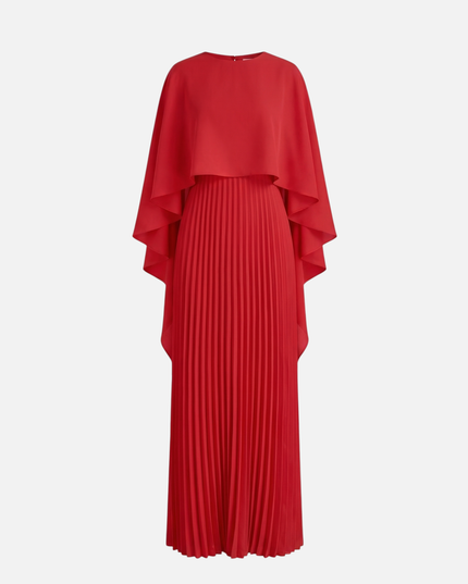 Red women's formal maxi dress with cape overlay and pleated skirt