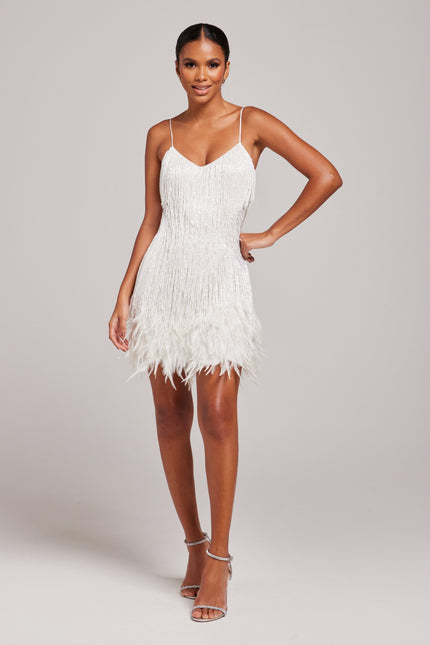 Vestido mini blanco con flecos para fiesta de cóctel para mujer