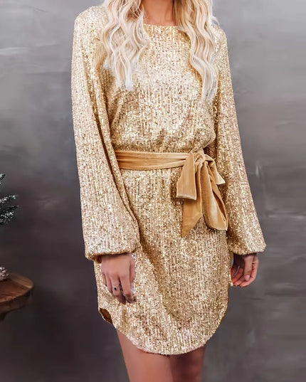 Women's Full Sleeve Gold Mini Sequin Dress