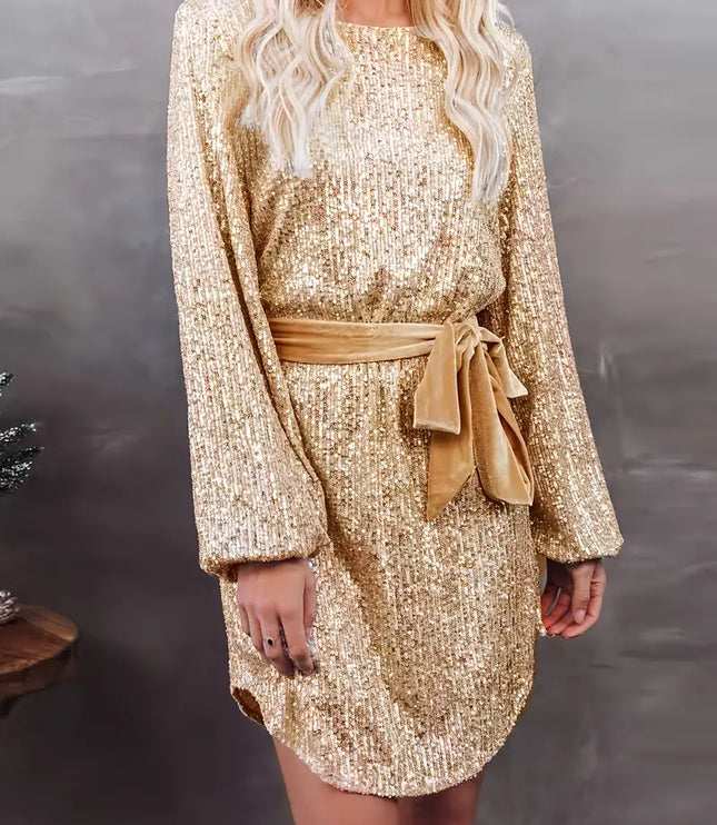 Women's Full Sleeve Gold Mini Sequin Dress