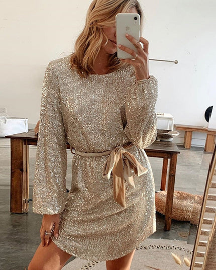 Women's Full Sleeve Gold Mini Sequin Dress