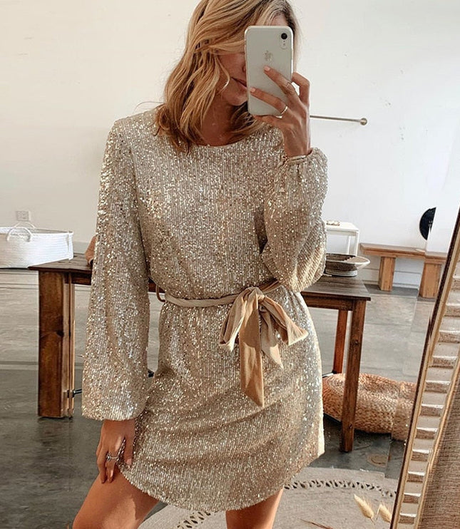 Women's Full Sleeve Gold Mini Sequin Dress
