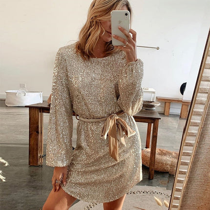 Women's Full Sleeve Gold Mini Sequin Dress