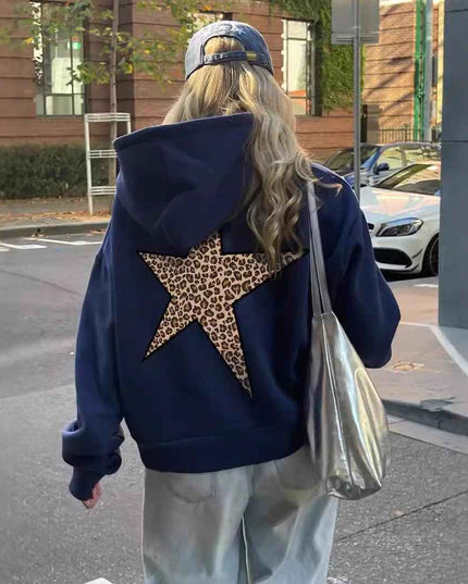 Women's Full Zip Leopard Print Star Hoodie