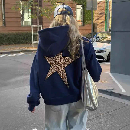 Women's Full Zip Leopard Print Star Hoodie